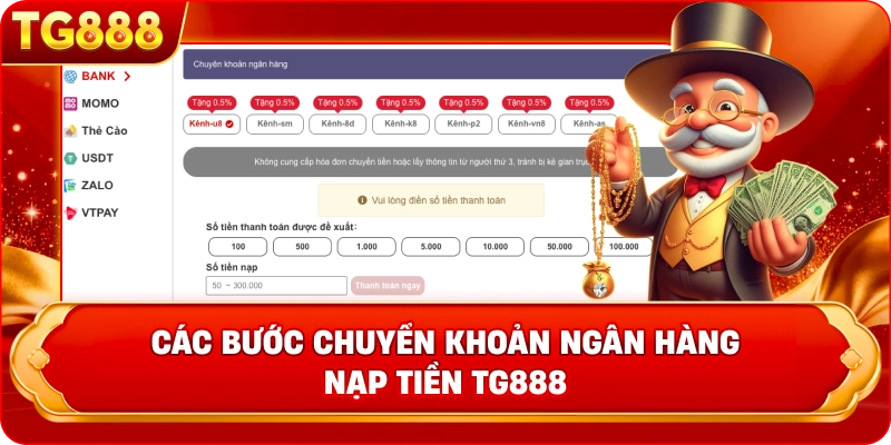 Minh họa các bước chuyển khoản ngân hàng nạp tiền TG888 
