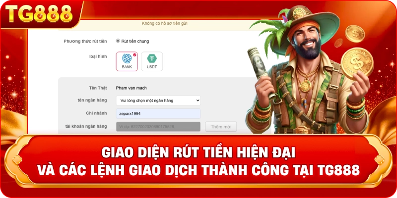Giao diện rút tiền hiện đại và các lệnh giao dịch thành công tại TG888